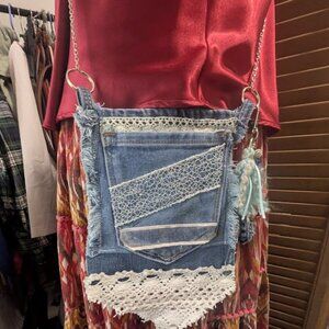UPCYCLED Handmade‎ Denim Pocket Purse Upcycle Lace Bag Crossbody